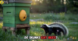 Skunk near beehive at dusk, investigating bees—example of natural insect foraging behavior
