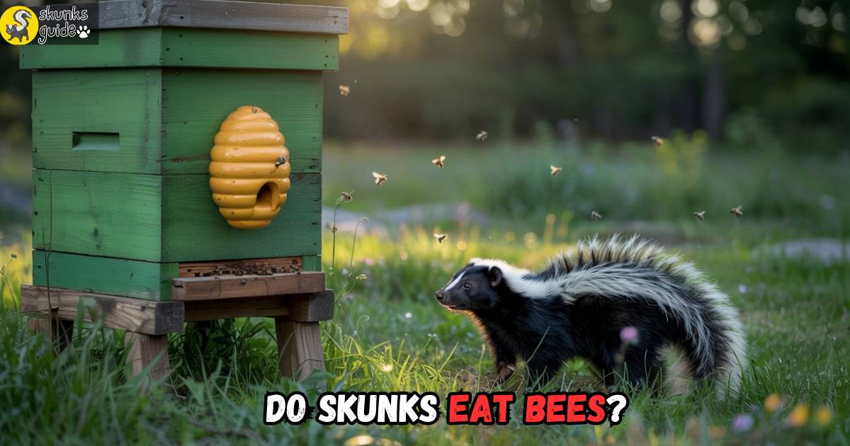 Skunk near beehive at dusk, investigating bees—example of natural insect foraging behavior