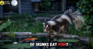 Skunk hunting near a backyard koi pond at night, reaching for goldfish under moonlight in a woodland setting