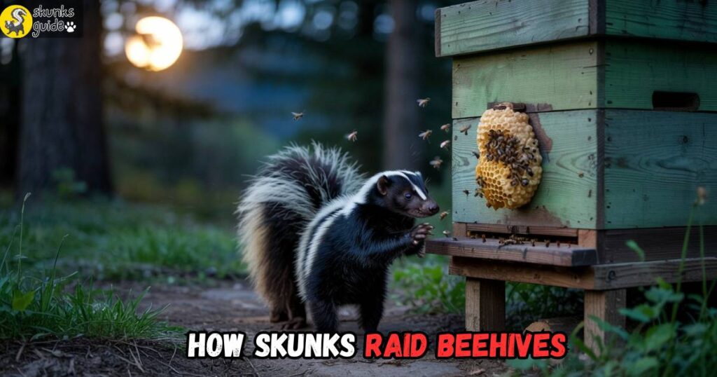 Skunk scratching beehive at night to draw bees out—typical hive raiding behavior
