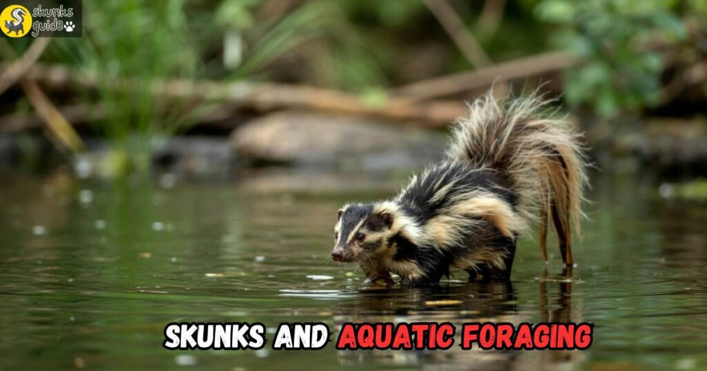 Skunk wading into shallow river water in summer, ripples around its legs, sniffing for aquatic prey like fish or frogs. Natural daylight, forest riverbank