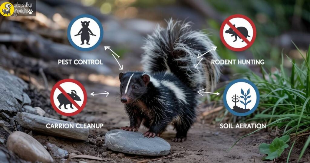 Infographic showing skunk’s ecosystem role in pest control, rodent hunting, and scavenging