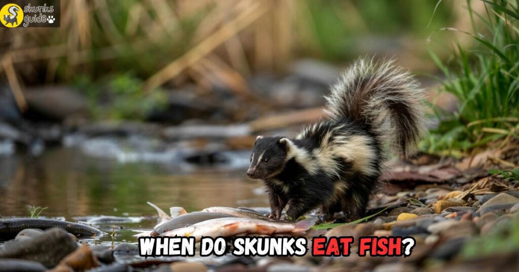 Skunk foraging near stream with discarded fish scraps, showcasing opportunistic scavenging.