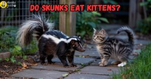 Skunk exploring a backyard at night while a kitten watches safely from a distance