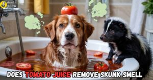 Skunk peeking while dog sits in tomato juice bath after being sprayed