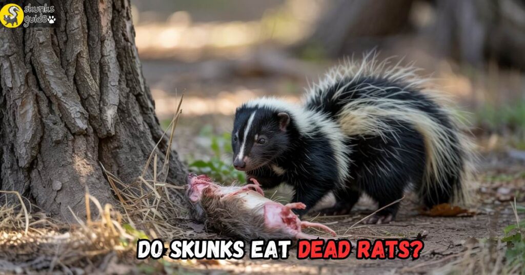 Skunk cautiously sniffing a dead rat in dry grass under a tree, natural decay shown subtly, soft morning light, realistic fur and setting.