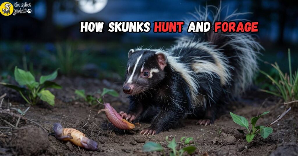 Skunk using claws to dig for insects and small prey under cover of night