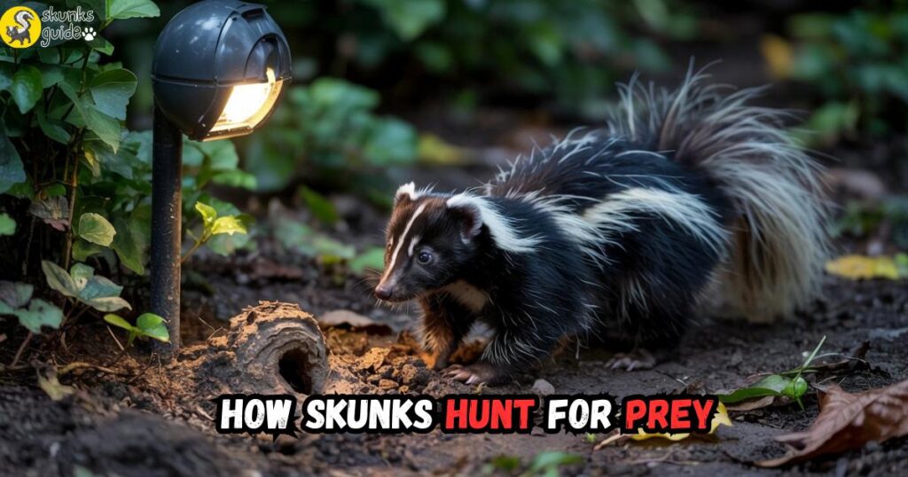 Skunk digging near a gopher burrow at night with visible dirt mound