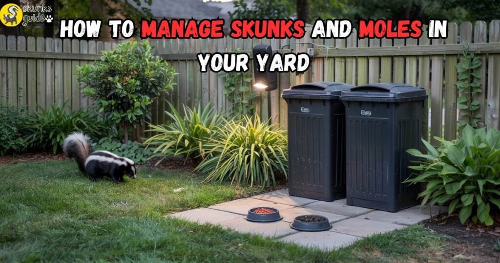 Skunk-proof backyard setup with motion light, sealed bins, and mole-safe lawn