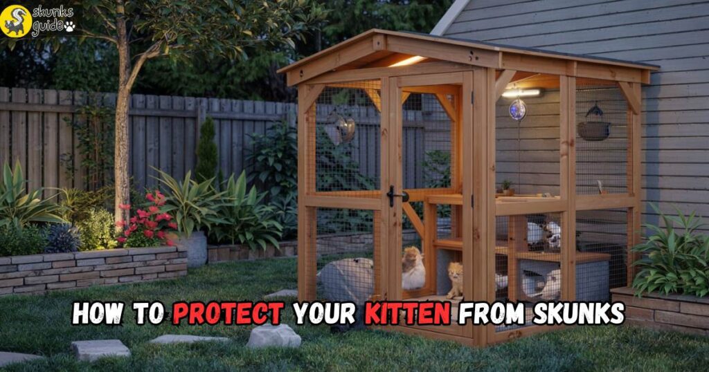 Safe nighttime enclosure for kittens with lighting to deter skunks