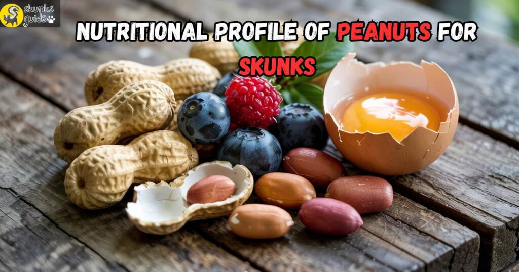 Whole and cracked peanuts with berries and a cooked egg on a table, illustrating nutritional variety for skunks