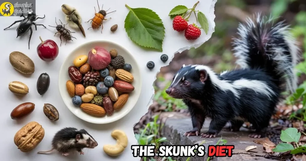 Collage of foods in a skunk's diet: insects, berries, seeds, a small mouse, and nuts — laid out around a curious skunk sniffing the air. White background, clean, infographic-like arrangement, realistic textures