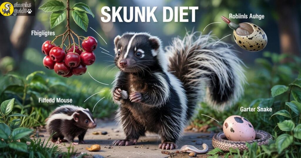 Infographic of a skunk’s omnivorous diet including insects, rodents, and fruits.”