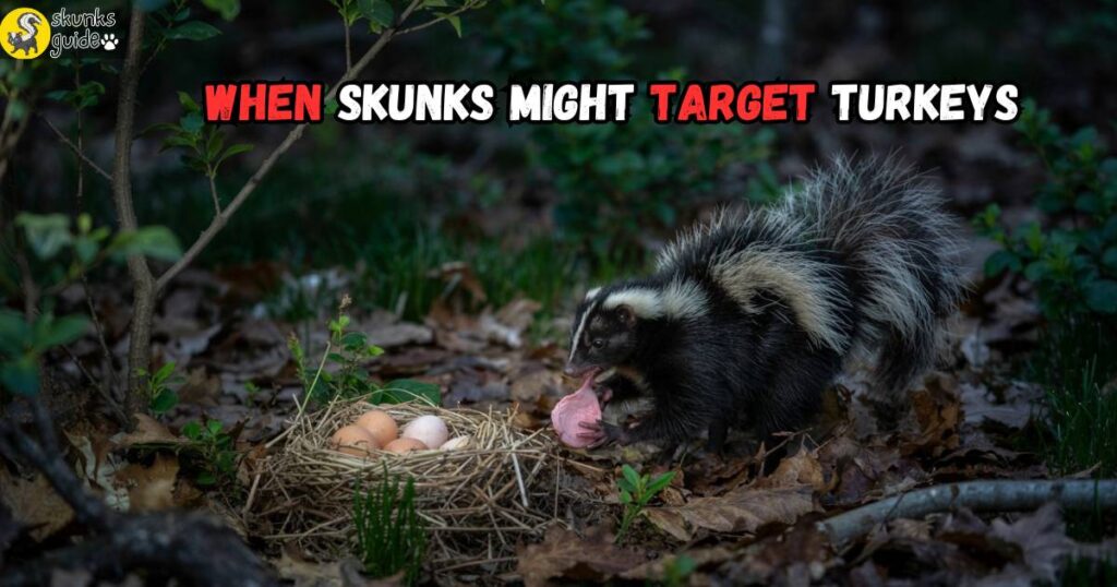 Skunk raiding ground nest at night in search of turkey eggs—opportunistic behavior in the wild.