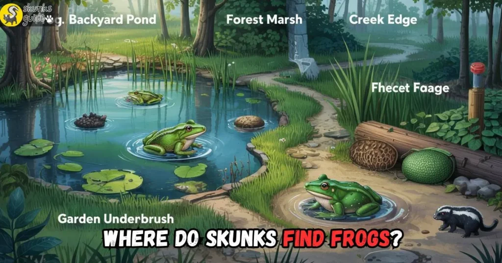 Illustrated frog habitats where skunks forage, including ponds, creeks, and underbrush