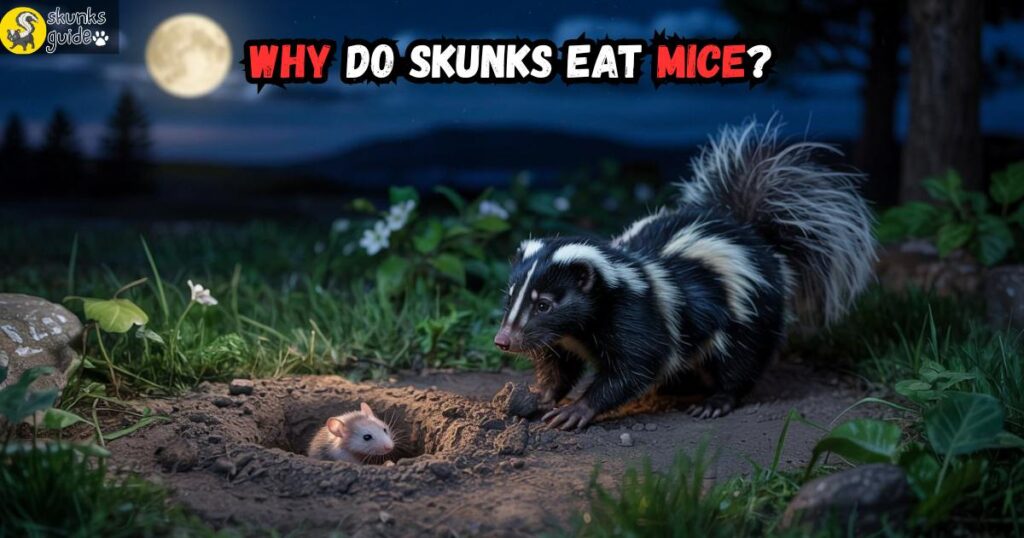 Skunk catching and eating a mouse at night—showcasing natural pest control behavior