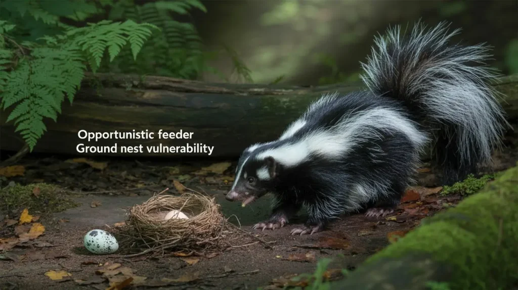 A skunk in a forest environment eating a bird egg from a ground nest, illustrating its opportunistic feeding behavior and attraction to vulnerable, easy prey.