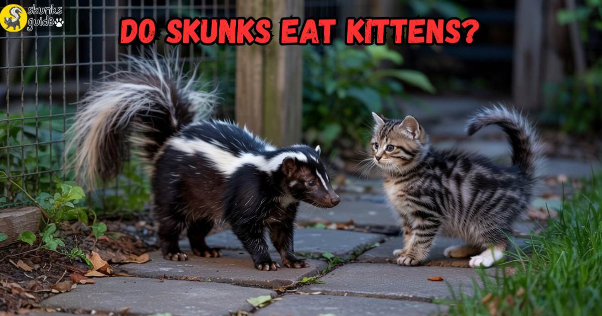 Skunk exploring a backyard at night while a kitten watches safely from a distance