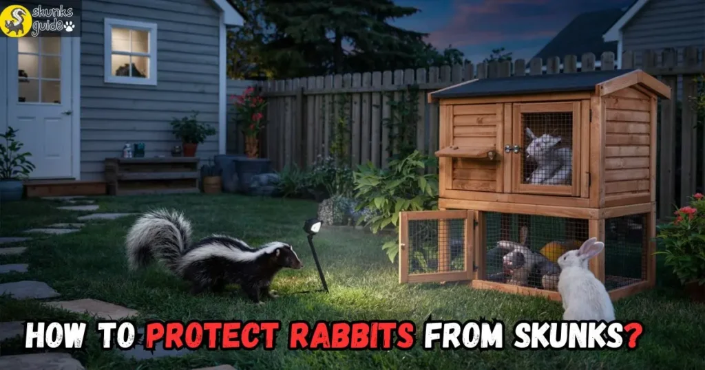 Skunk near rabbit hutch at night in yard with motion sensor light