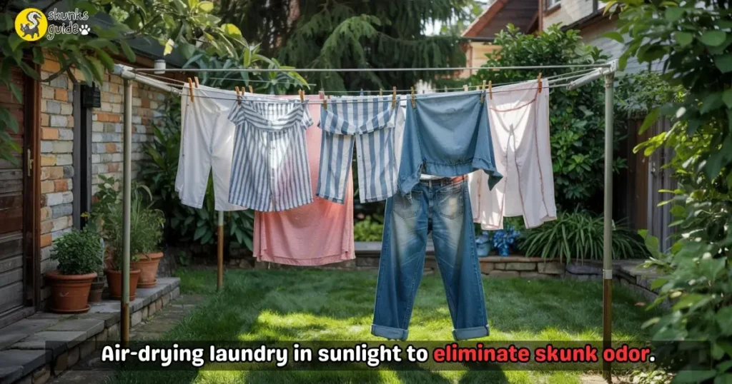 Sunny backyard with clothes air-drying on a clothesline, illustrating how to remove skunk smell from laundry using sunlight as a natural deodorizer.