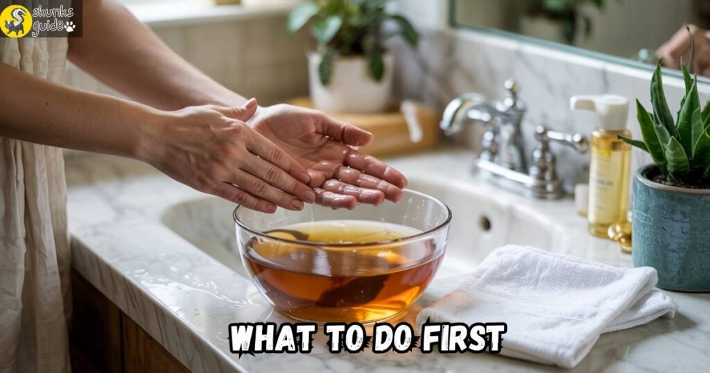 Hands soaking in vinegar to remove skunk smell (1)