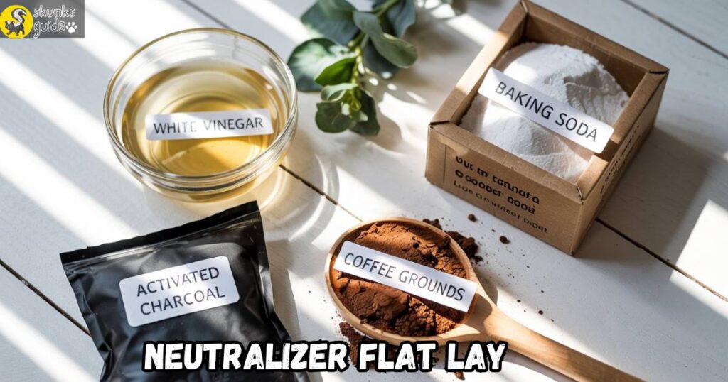 “Natural skunk odor neutralizers: vinegar, baking soda, charcoal, coffee grounds”