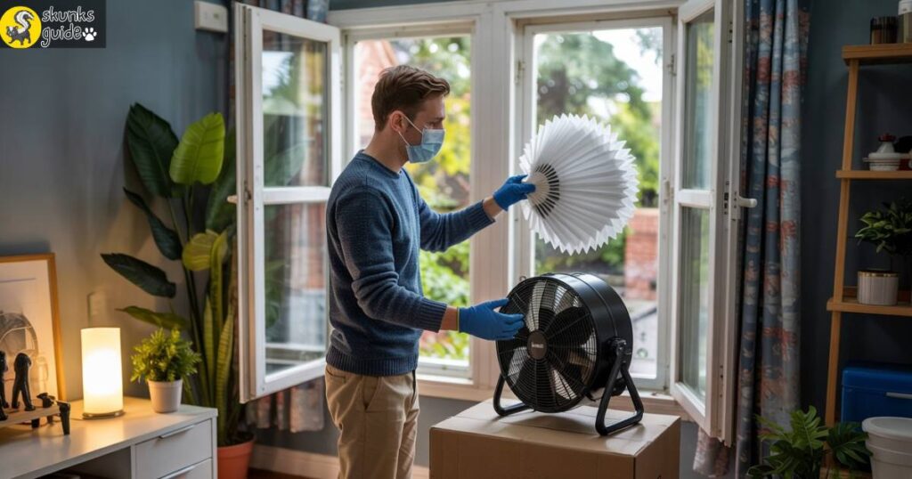 Person ventilating room using box fan to remove skunk odor