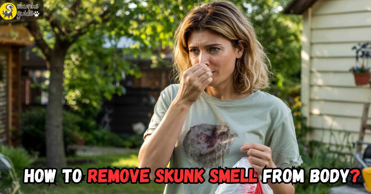 Person outside holding smelly clothes in a bag after skunk spray exposure