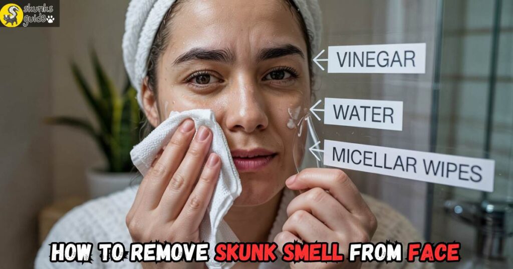 Removing skunk smell from face using vinegar and water dab method with soft cloth