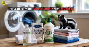 Laundry room with vinegar, baking soda, and Nature’s Miracle Skunk Odor Remover next to clean clothes, illustrating how to remove skunk smell from laundry.
