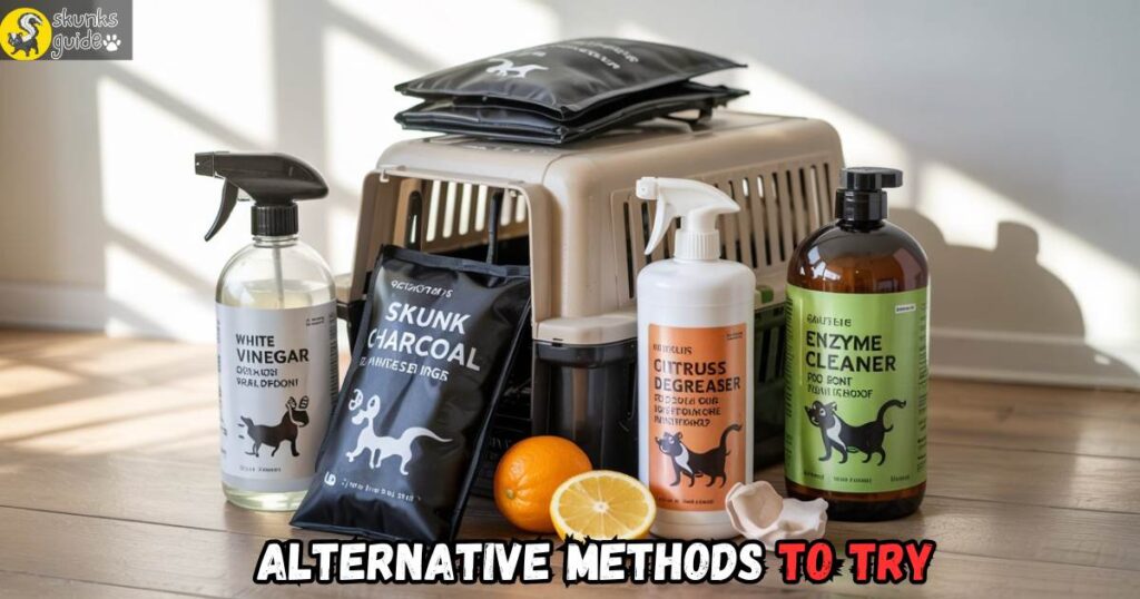Odor removal solutions for skunk spray on plastic including vinegar, charcoal bags, citrus degreasers, and enzyme cleaners around a plastic pet carrier