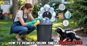 Pet owner cleaning skunk smell from plastic trash bin using hydrogen peroxide, baking soda, and dish soap outdoors in sunlight, while a skunk peeks nearb