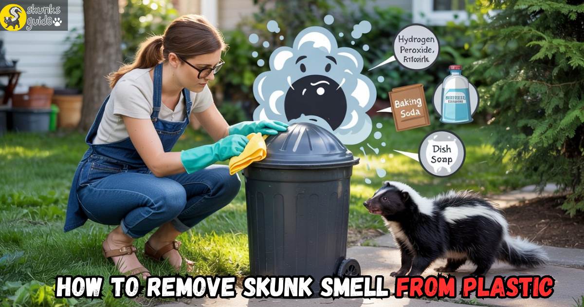 Pet owner cleaning skunk smell from plastic trash bin using hydrogen peroxide, baking soda, and dish soap outdoors in sunlight, while a skunk peeks nearb