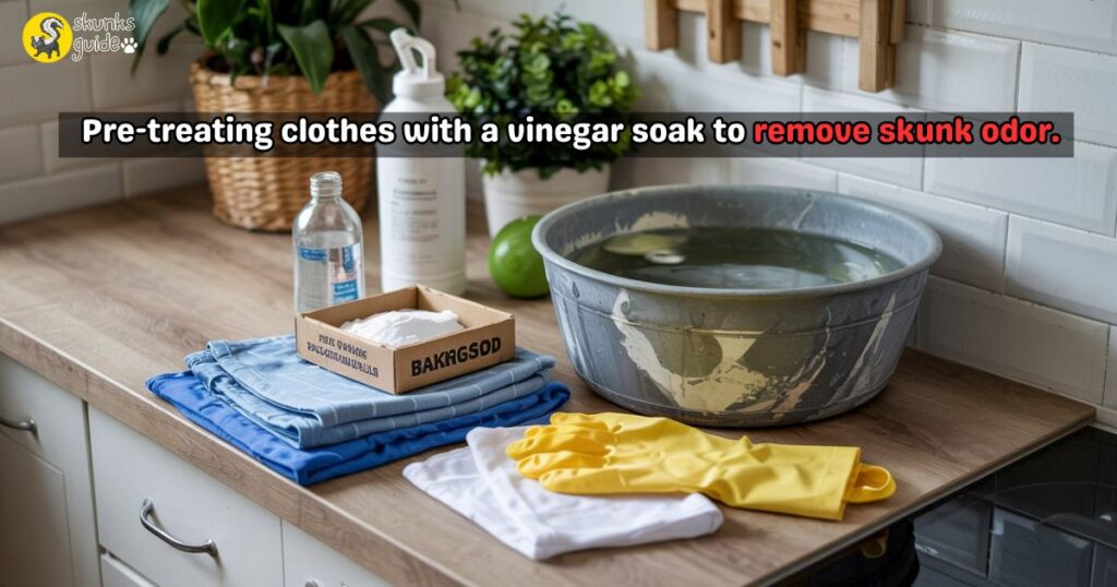 Kitchen counter with a basin of vinegar-water soaking clothes, baking soda, and gloves, demonstrating pre-treatment steps to remove skunk smell from laundry.