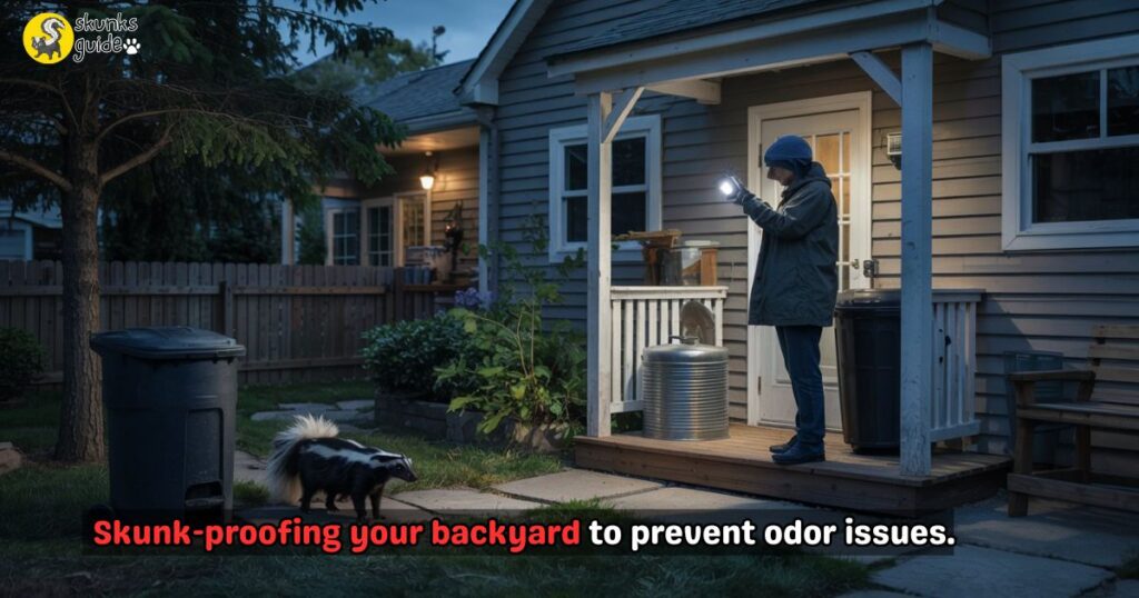 Nighttime backyard with a skunk near a trash can and a person holding a flashlight, showcasing skunk-proofing measures like sealed entry points and motion-activated lights for preventing skunk odor issues.
