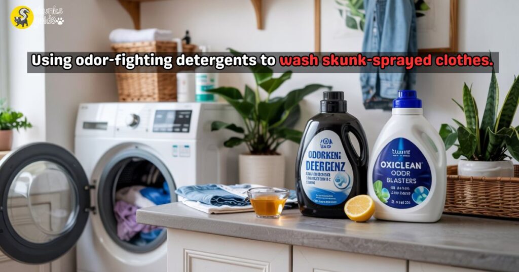 Modern laundry room with a washing machine and odor-fighting products like enzyme-based detergent, OdorKlenz, and lemon juice for removing skunk smell from clothes.