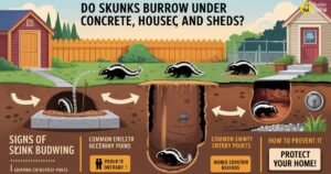 A detailed educational infographic showing skunk burrowing behavior near homes.