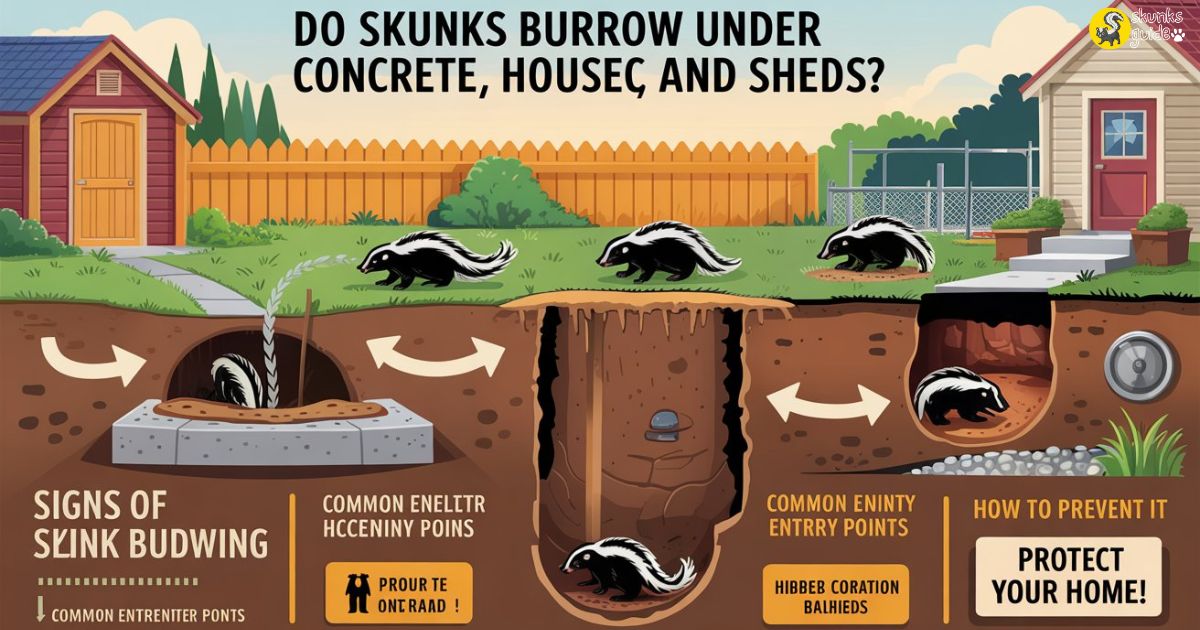 A detailed educational infographic showing skunk burrowing behavior near homes.