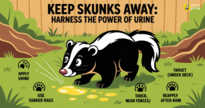 Infographic explaining how human urine deters skunks with visual steps and cartoon-style illustrations
