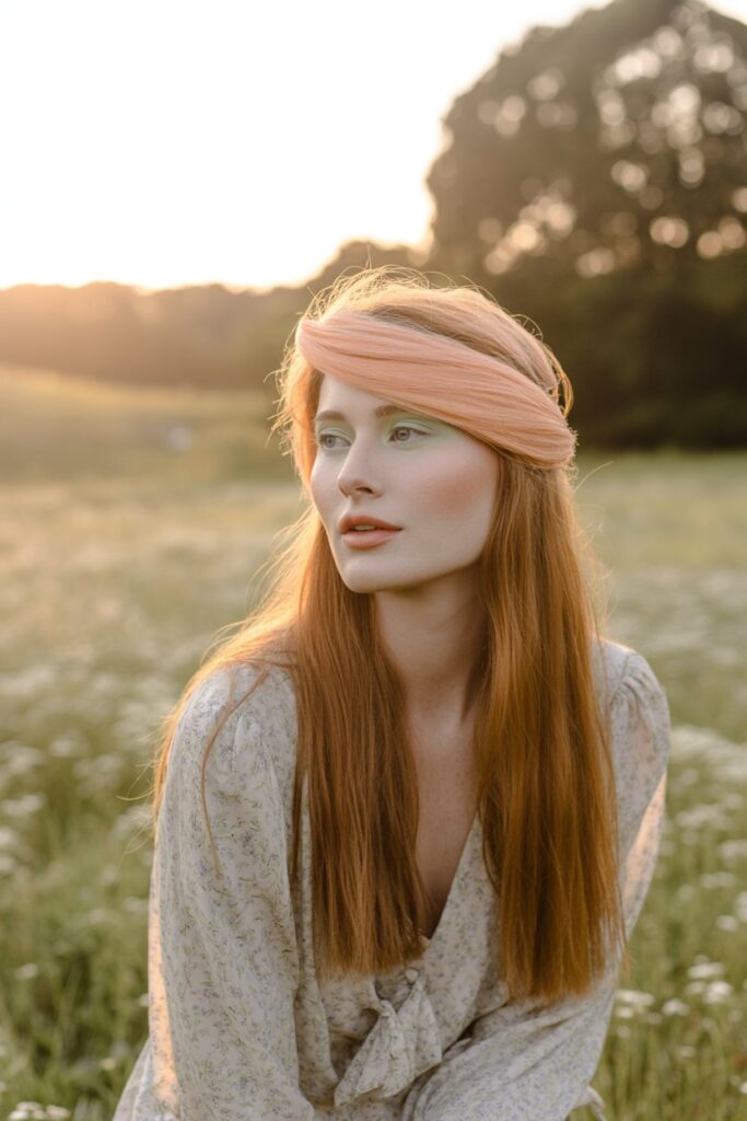 woman with long, straight auburn hair and a soft peach pastel skunk stripe framing her face,