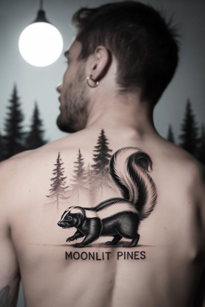 skunk tattoo under moonlight and pine trees, soft grayscale, placed on back, forest-inspired digital background.