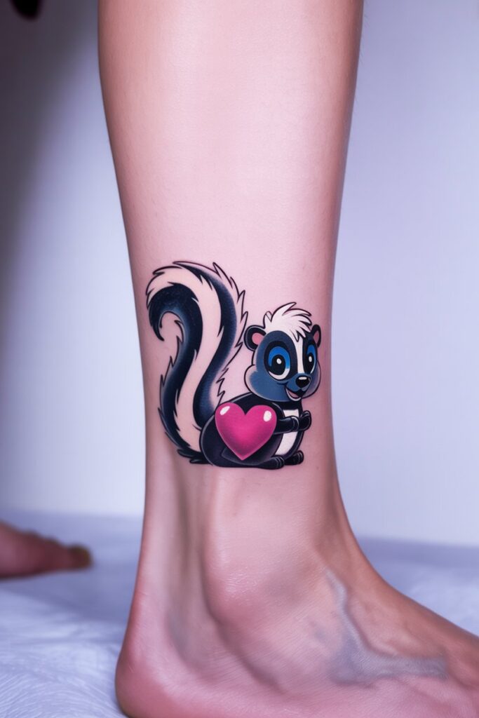 l cartoon-style skunk tattoo on her ankle