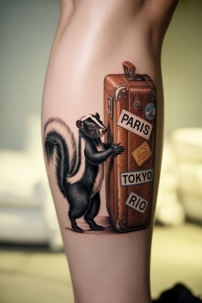 Skunk on retro suitcase tattoo with travel stickers, placed on the side calf, nostalgic coloring and clear detail.