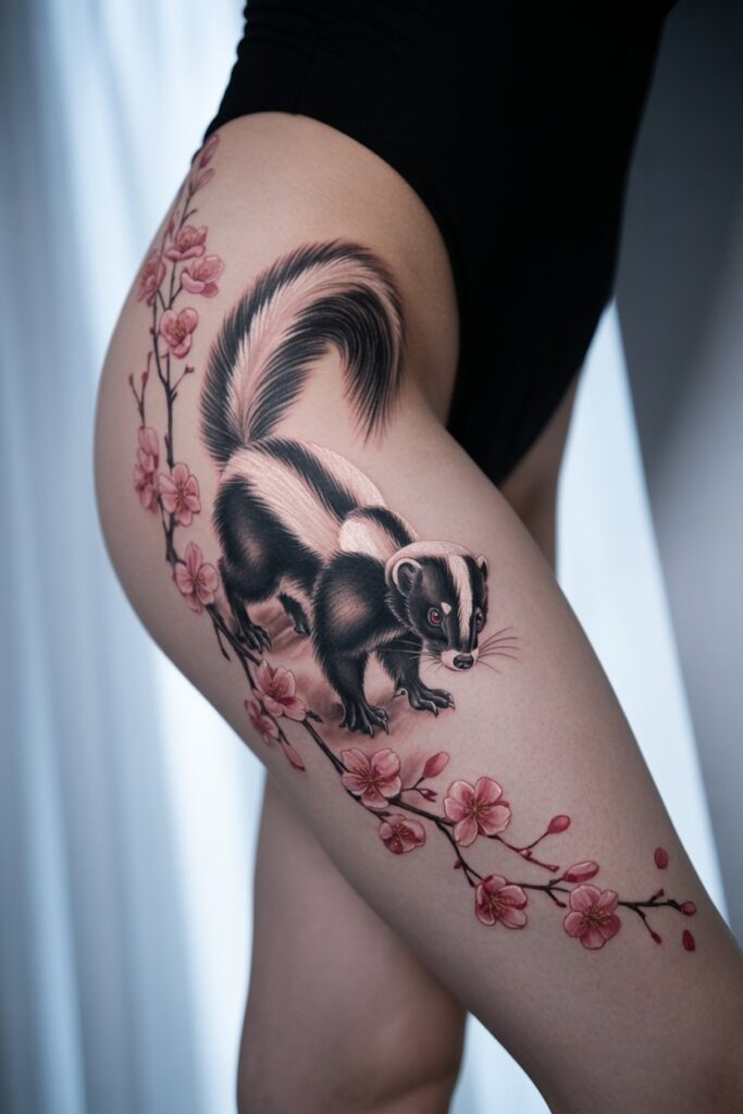Japanese-style tattoo of a skunk surrounded by pink cherry blossoms, inked on the outer thigh, floral tones contrast with skin, feminine pose.