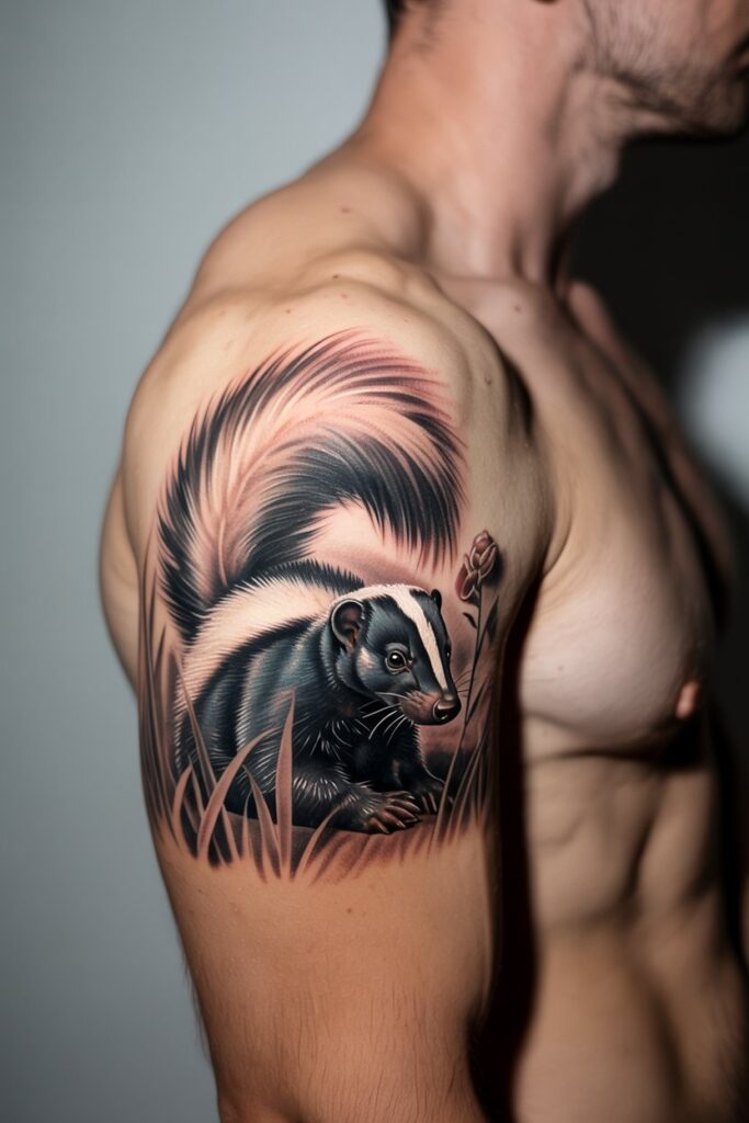 skunk tattoo curled in grass, visible fur texture and shading