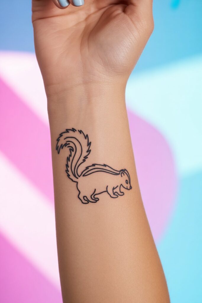 Minimalist skunk outline tattoo, clean black lines, iconic tail and stripe, placed on wrist,