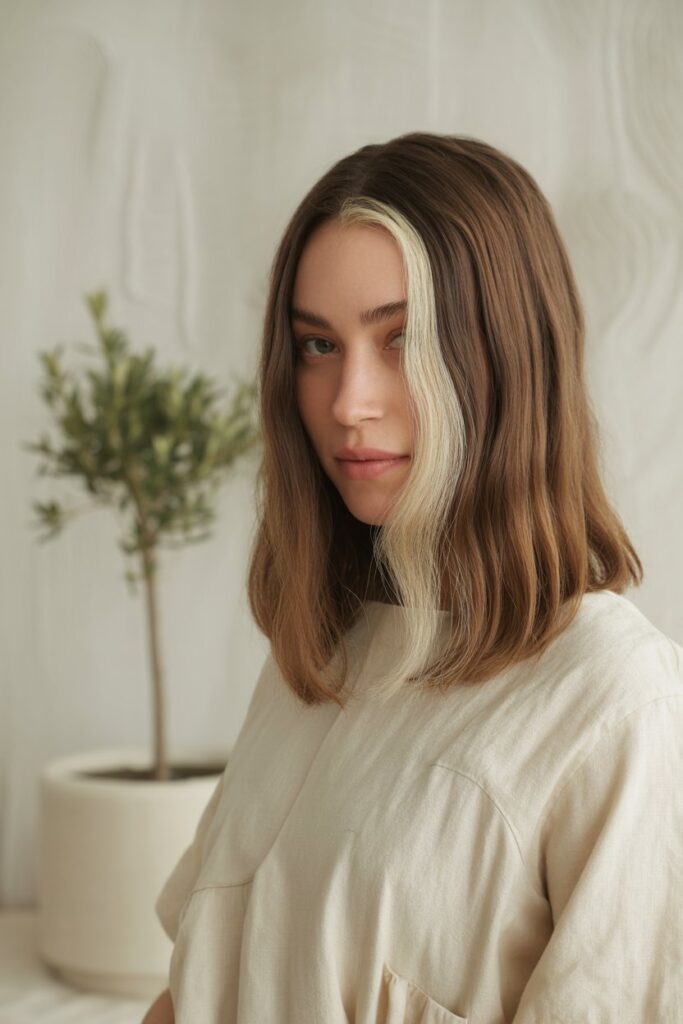 A modern woman with chest-length straight brunette hair and a soft ash blonde skunk stripe near the face