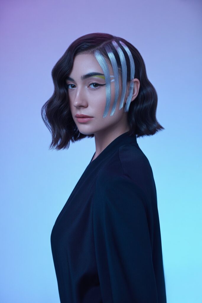 Elegant woman with a shoulder-length black wavy lob and two sleek silver side skunk stripe highlights,