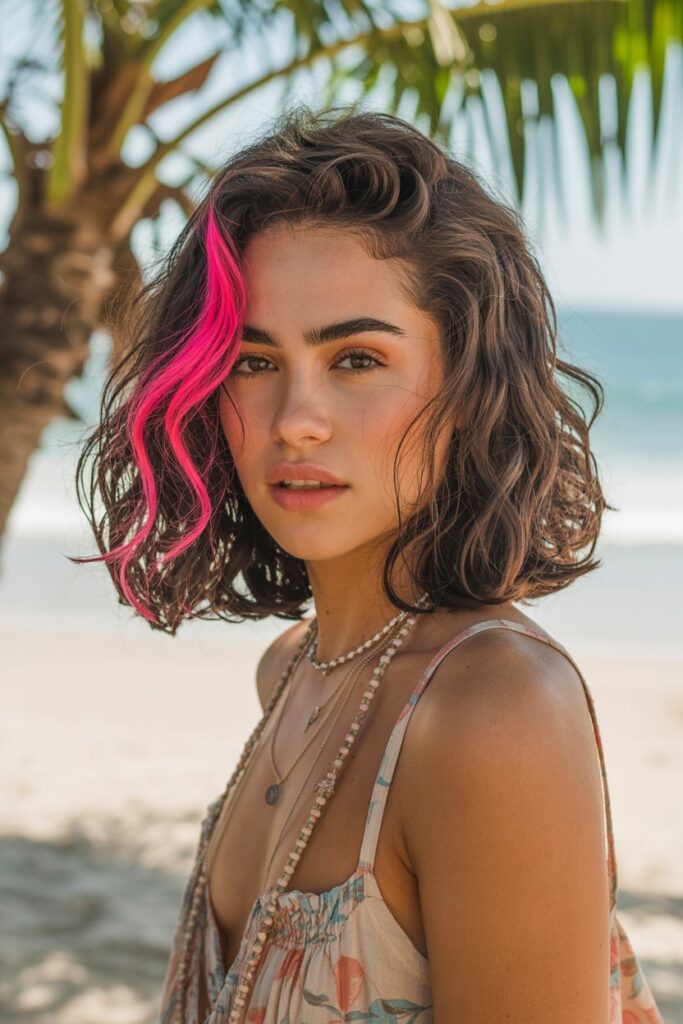 “A trendy girl with medium-length dark brown wavy hair featuring a bold neon pink skunk stripe on one side, playful summer vibe, soft beach waves, casual boho outfi