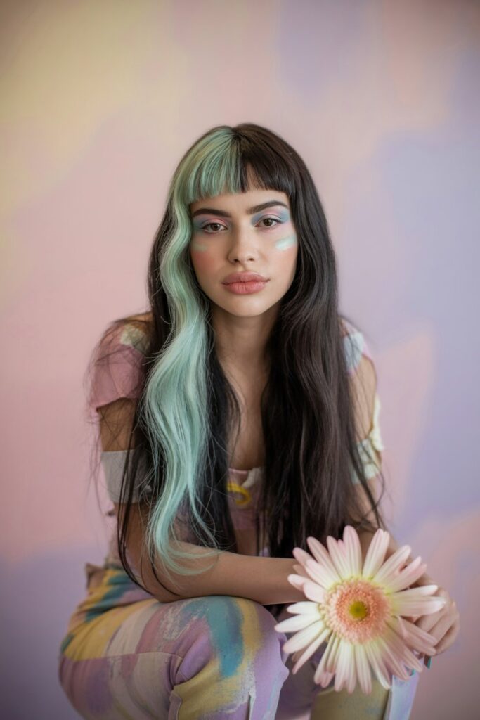 Creative young woman with long straight black hair and a mint green skunk stripe on one side